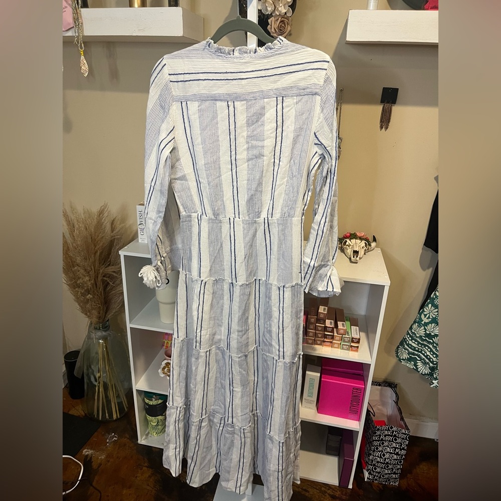 NWT RAGA Fleri White and Blue Striped Floral Embroidered Tie  Long Sleeve Dress - Picture 7 of 13